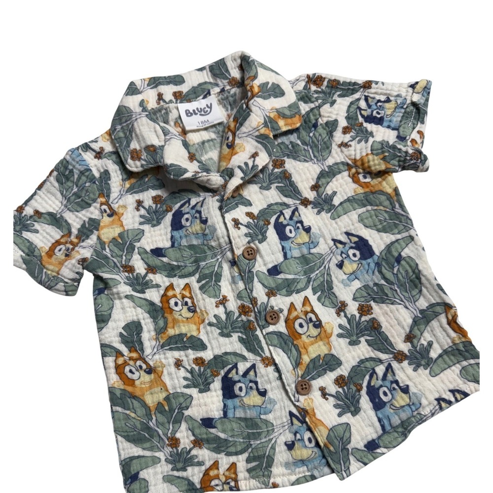 Bluey Button Down Shirt White EUC Unisex Tropical Gauze Cotton Vacation Cute 18M